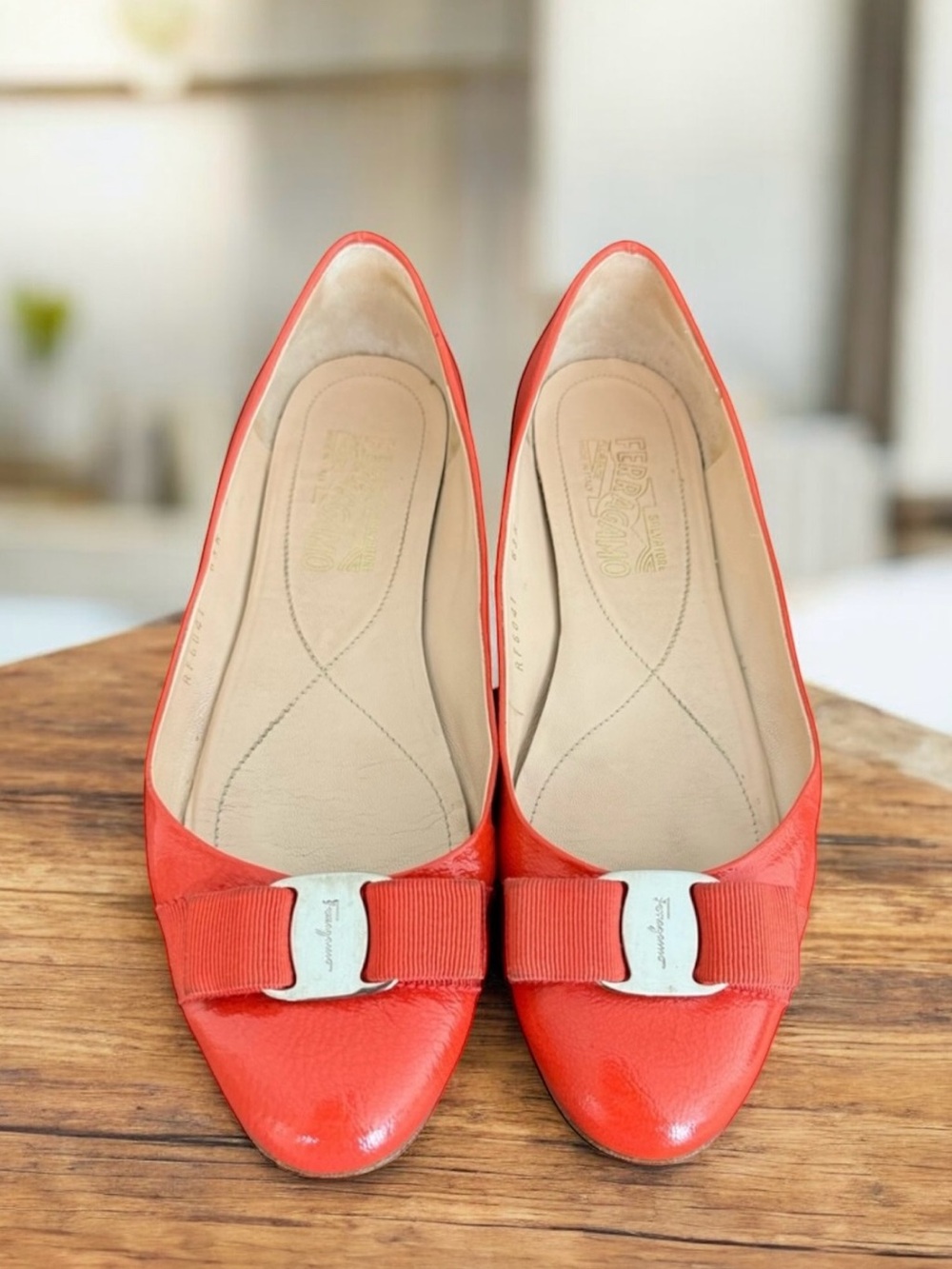 Salvatore Ferragamo Varina Patent Flats Red Coral